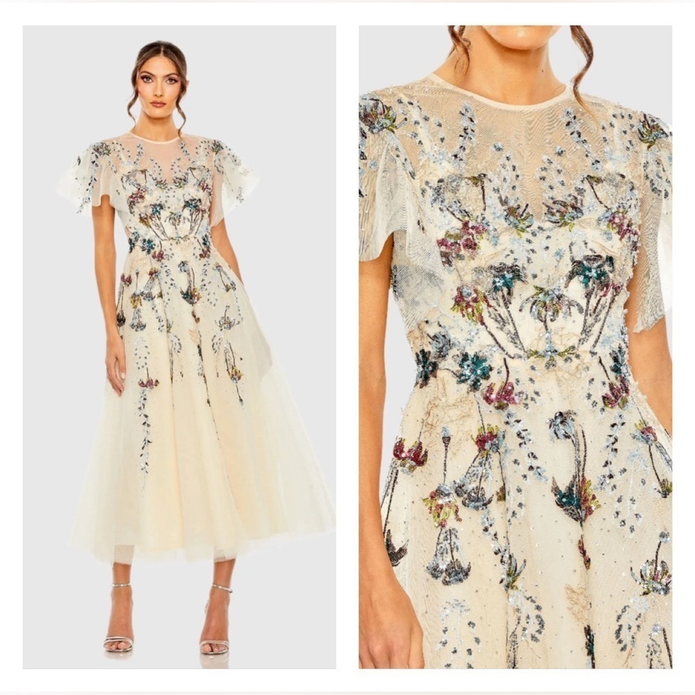 Mac Duggal 20510 NWT Nude Flutter Sleeve High Neck Embellished Floral Dr…